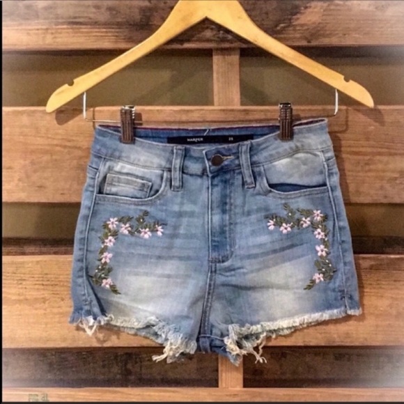 Light Denim Floral Embroidered Shorts